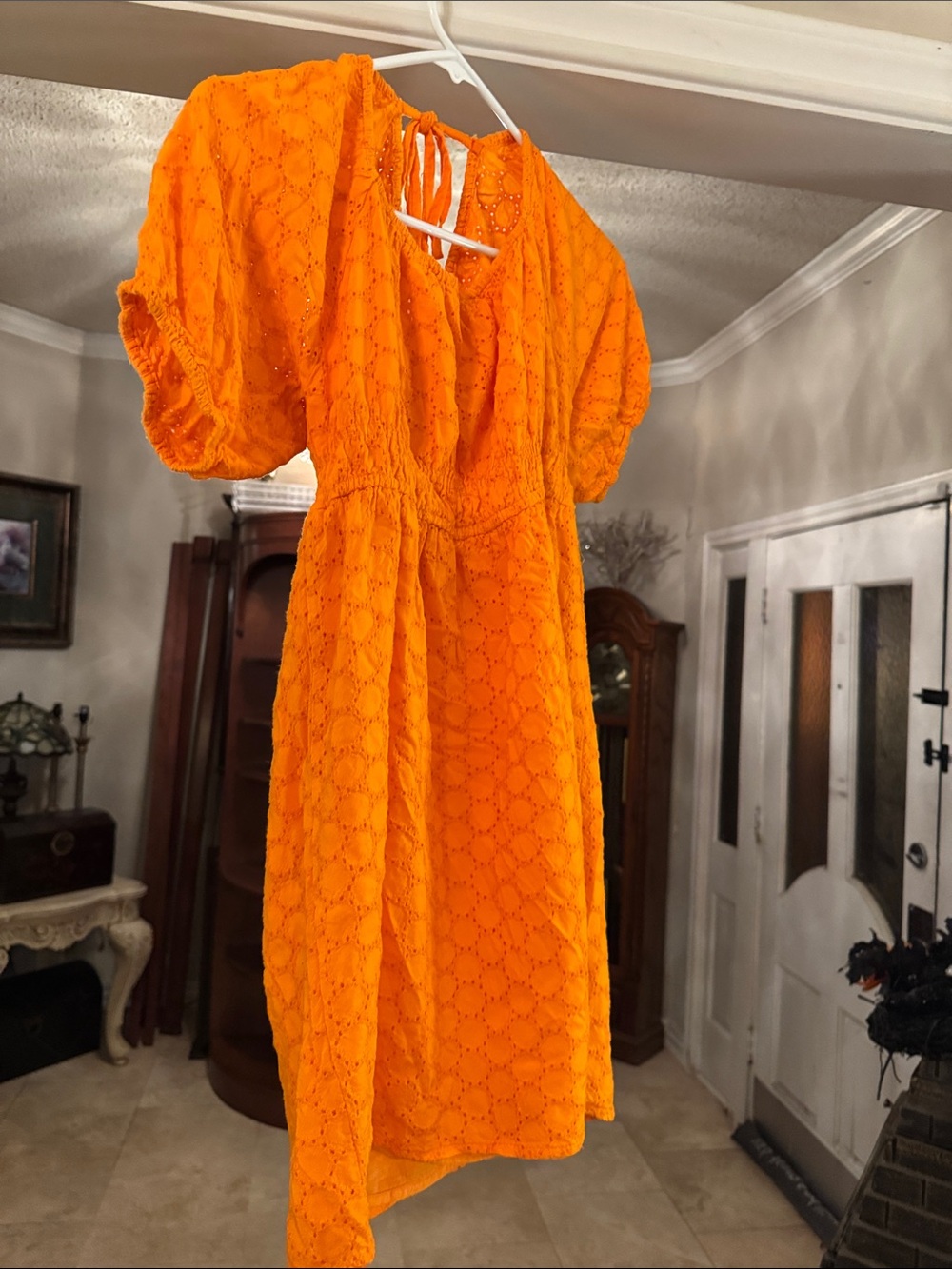 Orange Eyelet Puff-Sleeve Midi Dress - Unbranded XL